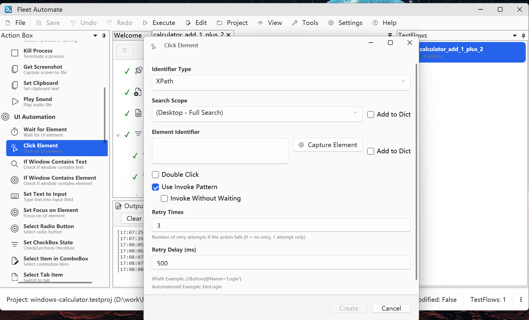 Click Element action configuration dialog in Fleet Automate