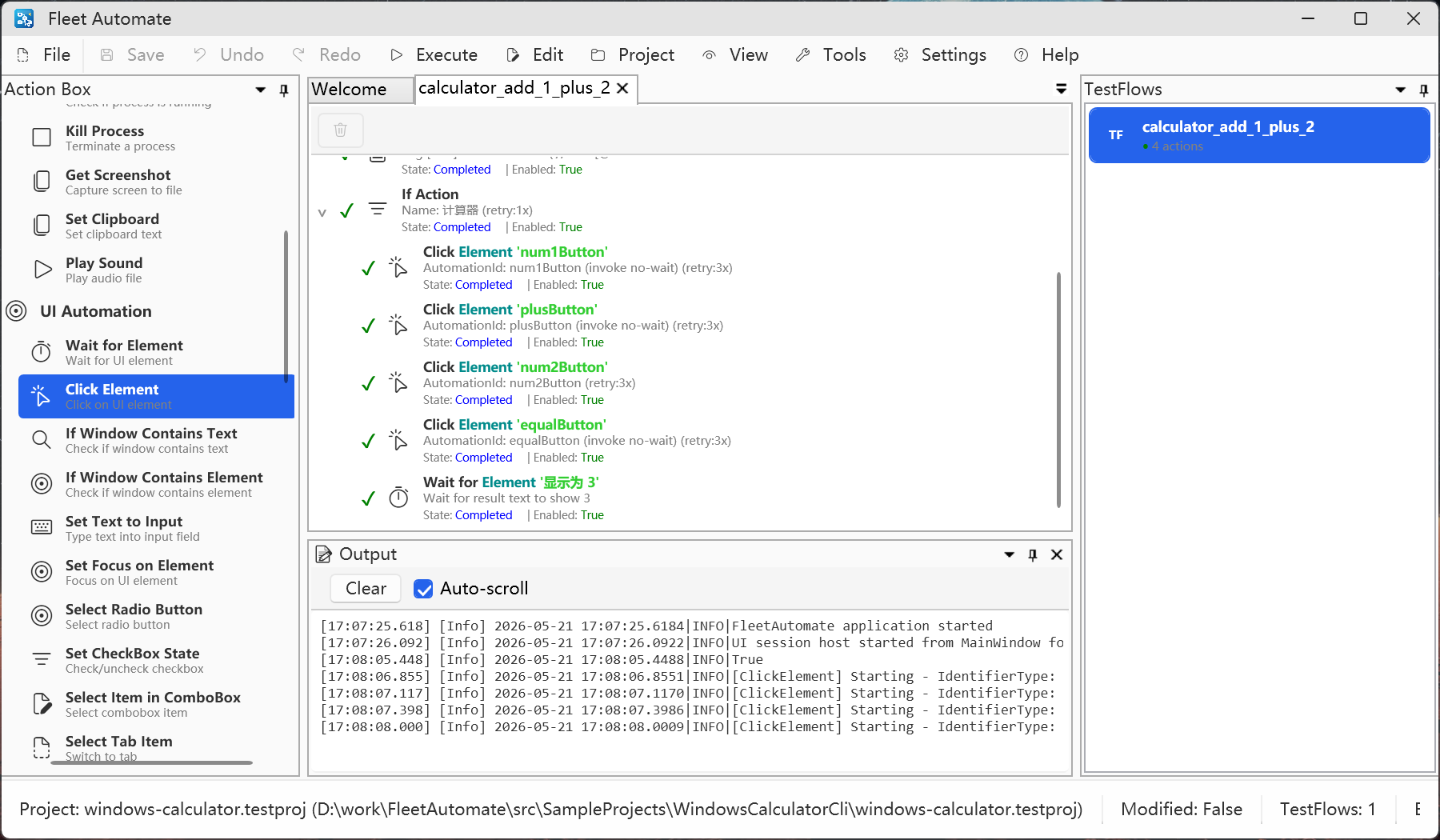 Fleet Automate TestFlow editor showing completed calculator automation actions