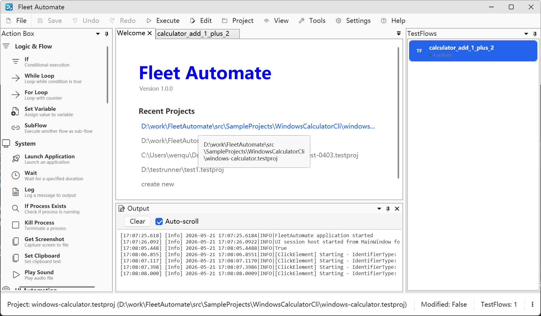 Fleet Automate main window with Action Box, welcome page, output log, and TestFlows panel